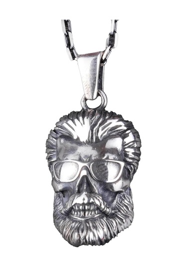 925 Ayar Gümüş Sakallı Kafatası Kolye, Gözlük Takmış El Yapımı Kafatası Pendenti, Cesur Erkek Takısı Gümüş