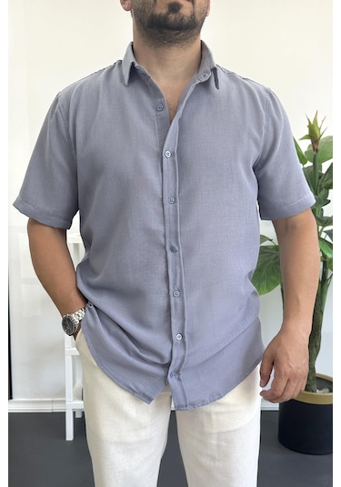 Erkek Kısa Kollu Keten Görünümlü Gömlek Mavi Edw389 Mavi