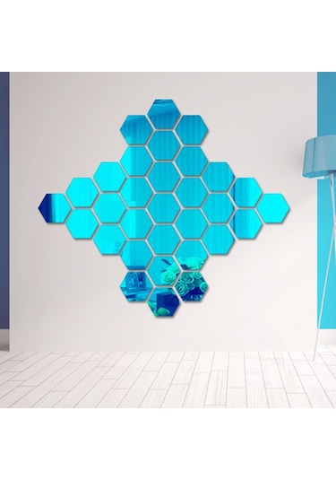 Geeksen Mavi 12 Adet Otomatik Yapışkan Hexagon Açıkçık Ayna Duvar Sticker 4.6x4cm 1mm Kalınlık Mavi