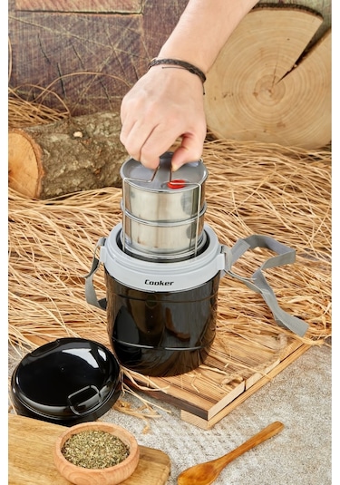 Cooker 3146 Lüx 1,2 Litre Çelik Hazneli 3'lü Yemek Termosu Siyah
