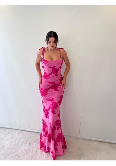 Pembe Ayarlanabilir Askılı Çiçekli Astarlı Maksi Pembe