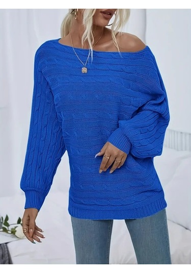 Soonaksesuar Kadın Uzun Kollu Yakası Açık Saç Örgü Desenli Triko Bluz Saks Mavi
