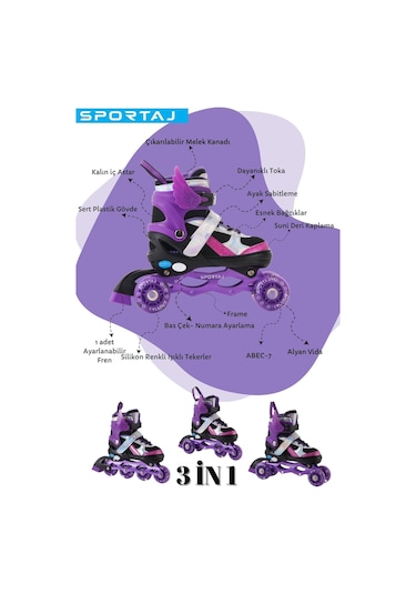 Melek Kanatlı Işıklı Çocuk Pateni Ve Dizlik Seti Silikon Teker Ayarlanabilir Paten Çantalı Mor Mor