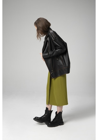 Siyah/taba Dericlub Wm019 Oversize Biker Hakiki Deri Kadın Mont