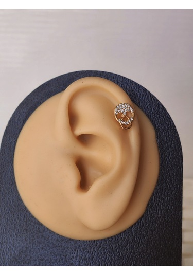 Kuru Kafa İskelet Skull Modeltragus Helix Piercing Ear Cuff Kıkırdak Çelik Küpe Gold