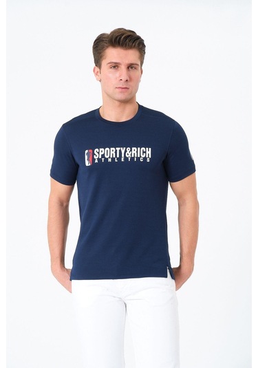 Erkek Bisiklet Yaka Basic Baskılı T-şhirt Lacivert