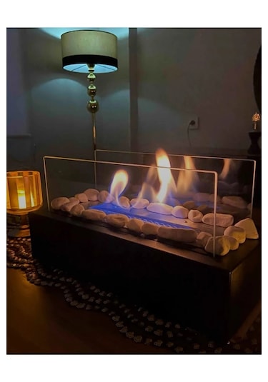 Metal Siyah Bioethanol Masaüstü Şömine Sertifikalı Yakıt Ve Taş H