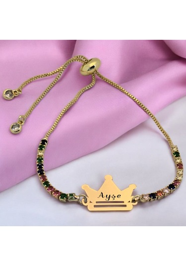 Ayşe İsmine Özel Taç Motifli 14 Ayar Altın Plakalı Renkli Taş Desenli Hediye Bileklik-489isim Ayşe