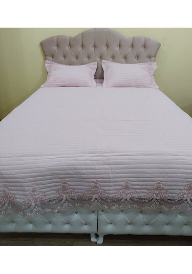 Yatak Örtüsü Zmrt Çift Kişilik Dantelli Çık Pembe Pamuk Pembe