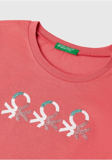 Kız Çocuk Siyah Simli Logo Baskılı T-shirt Pembe