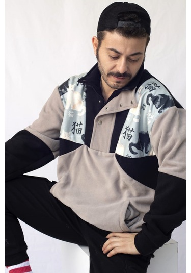 Kadın Erkek  Japon Kedi Desenli Yarım Fermuarlı Polar Sweatshirt