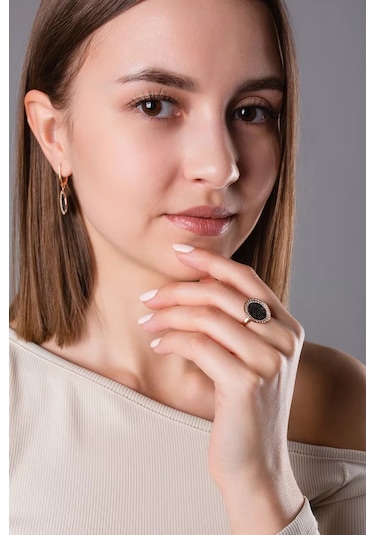 Lamponi Yuvarlak Siyah Taşlı 925 Ayar Altın Kaplama Halka 206255016 Altın