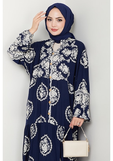 Giral Dokuma Viskon Elbise 1543 - Lacivert Lacivert