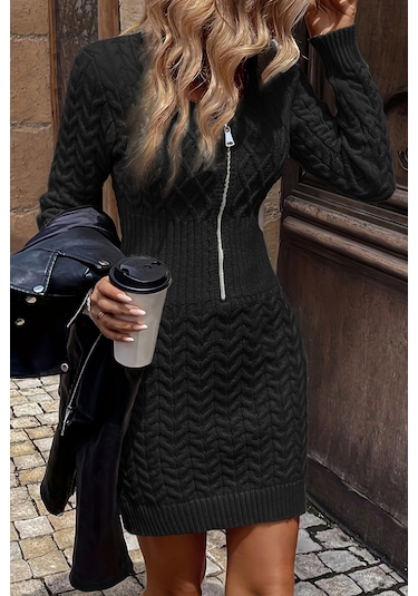 Merry See Uzun Kollu Fermuarlı Triko Örme Mini Elbise Siyah