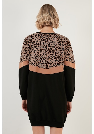 Lela  Leopar Desenli Renk Bloklu Oversize Bisiklet Yaka Bayan Tunik 5863604 Siyah