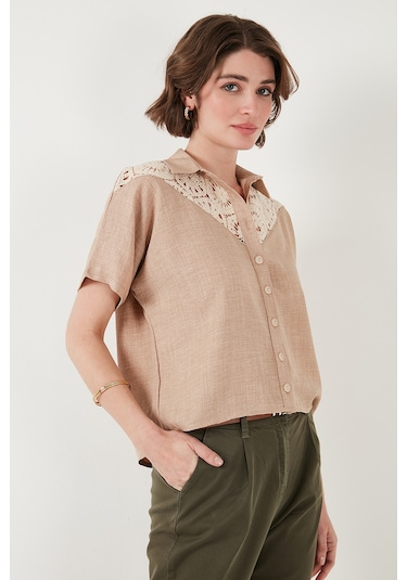 Lela Dantelli Relaxed Fit Kısa Kollu Bayan Gömlek 5865764 Taş