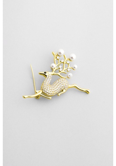 Ren Geyiği 18 Ayar Sarı Altın Kaplama Gümüş Broş Sarı Altın Kaplama