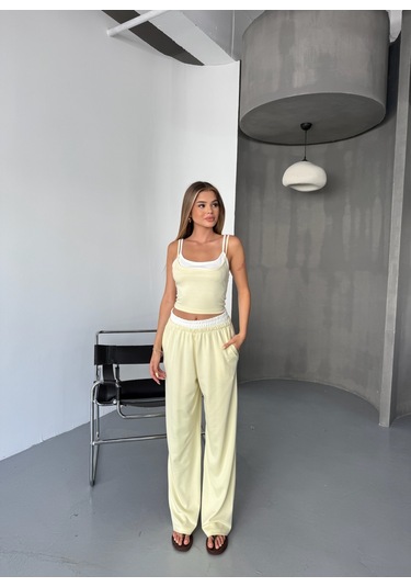 Kadın Çift Kat Detaylı Modal Dokulu Alt Üst Takım Sarı