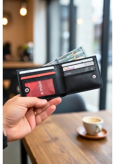 Vegan Deri Cüzdan İsim Baskılı Süper Ince Model 5 Adet Kart Kapasiteli Gizli Çıtçıtlı Kapama Siyah Siyah
