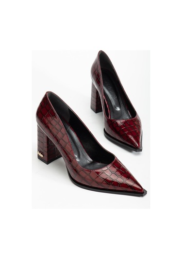 Suins Premium Kevin Model Kadın Kalın Topuklu Kroko Stiletto Ayakkabı Bordo