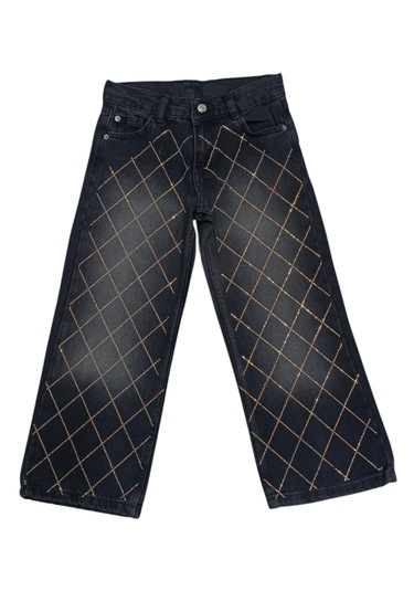 Kız Çocuk Parlak Taş Modelli Beli Lastik Ayarlamalı Fermuar Kapamalı Siyah Kot Pantolon 2922 Siyah