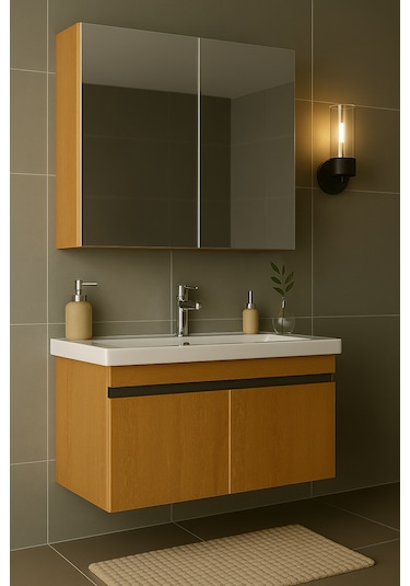 Arista 80 Cm Ahşap Renkli Mdf, Seramik Lavabolu, Alt Ve Üst Dolap Ahşap