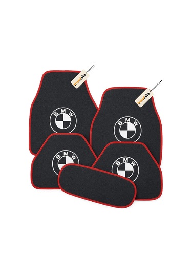 Bmw Logolu Kaymaz Tabanlı Antrasit Kırmızı Kenar Oto Halı Paspas 5 Parça Set Araç Paspas Takımı