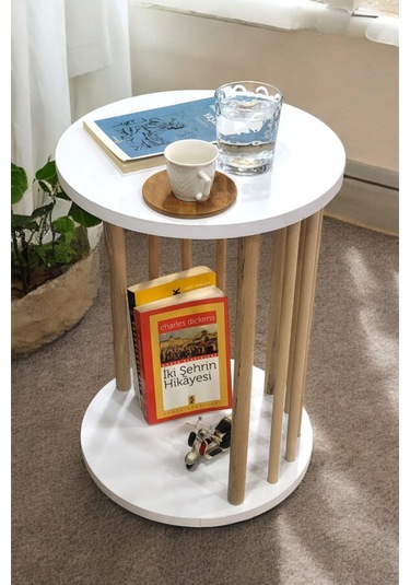 Ahşap Ayaklı C Sehpa Koltuk Sehpası Yan Sehpa Zigon Sehpa Servis Sehpası Beyaz