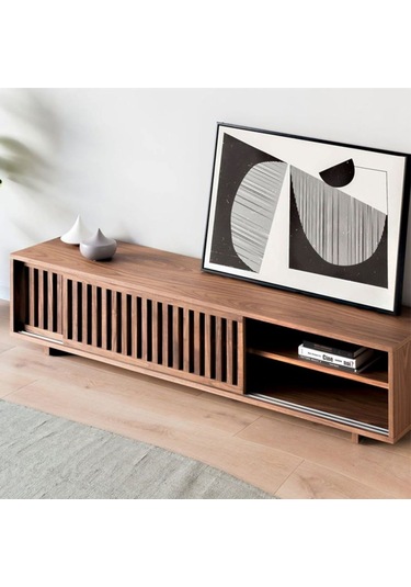 Linea Ahşap Modern Tv Ünitesi Sürgü Izgara Kapaklı Koyu Ceviz