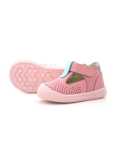 Rakerplus Shaun Hakiki Deri Pembe Mavi Cırtlı Anatomik Bebek Sandalet Pembe