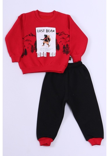 Erkek Bebek 3 İplik Eşofman Takımı Ayıcık Baskılı A40 Kırmızı