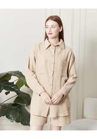 Soft Koton Kumaş Şort Gömlek Takım-3300-cappuccino Çok Renkli