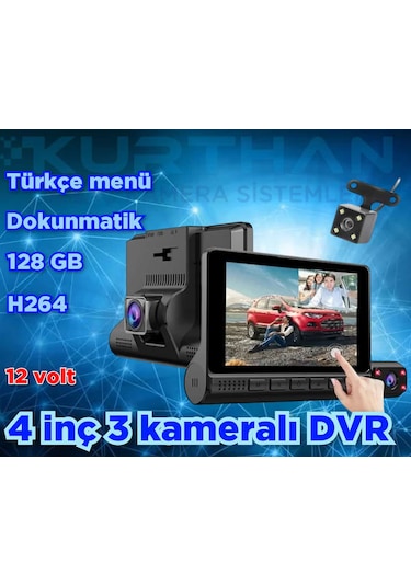 4inç Dokunmatik 3 Kameralı Araç İçi Dvr 128 Gb 12 Volt