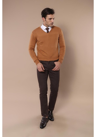 Wessi V Yaka Erkek Triko - Kahverengi