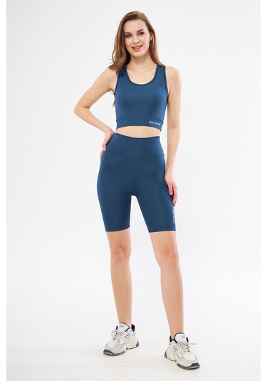 Lesa Wear Yüksek Bel Likralı Toparlayıcı Kısa Şort Tayt Crop Takım Mavi