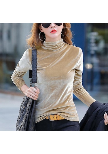 Askeri Yeşil Kış Sıcak Balıkçı Yaka Uzun Kollu Kadife Gömlek Yüksek Yaka İnce Zarif Lüks Kadife Bluz Bahar Üstleri Haki