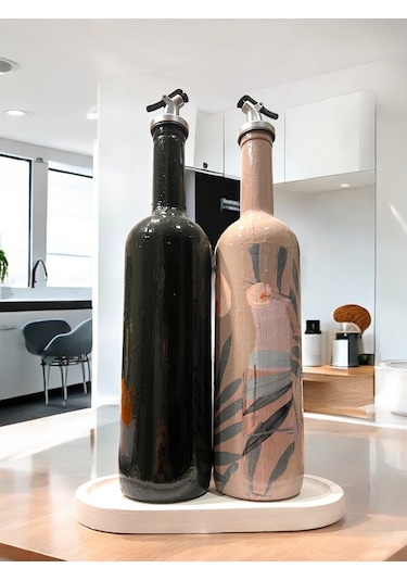 El Yapımı Dekoratif Minimalist Afro Kadın Ve Geometrik Desenli Yağdanlık Seti, Sosluk, Sirkelik, Mut Füme