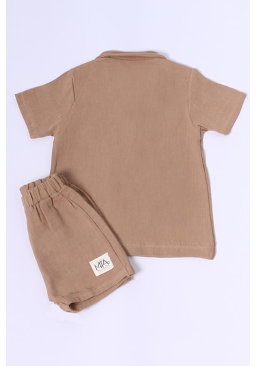 Erkek Bebek Şortlu Takım Polo Yaka Düğmeli Düz Renk E8 kahverengi