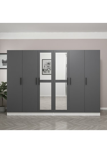 Minar Kale 6 Kapaklı 2 Aynalı 4 Çekmeceli Dolap Beyaz Antrasit 210cm Çok Renkli