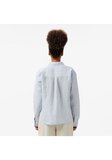 Nautica Kadın Mavi Regular Fit Keten Çizgili Gömlek Çizgili 55w081t Mavi