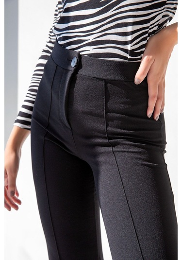 Kadın Siyah Yüksek Bel Toparlayıcı İspanyol Paça Pantolon Siyah