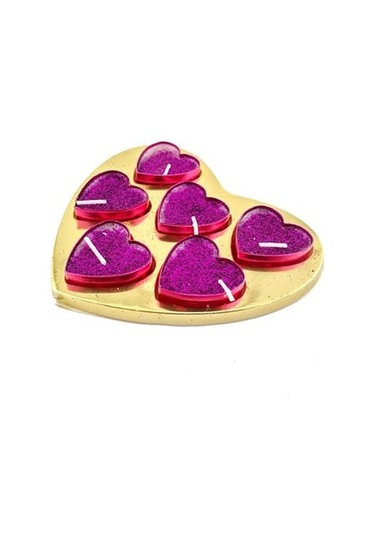 Tealight Mum Simli Kalpli Kutulu (6 Adet) Fuşya