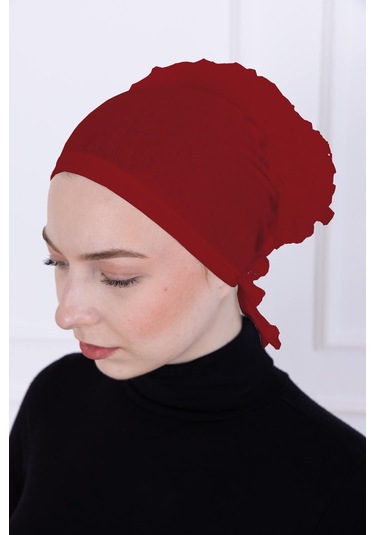 Fırfırlı Önden Dikişli Penye Bone - Kadın Tesettür Bağlamalı Topuz İç Bone-bordo Bordo