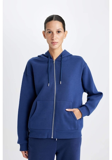 Defacto Relax Fit Kapüşonlu Cepli Basic Düz Fermuarlı Sweatshirt C1809AX24WNNV42 Lacivert
