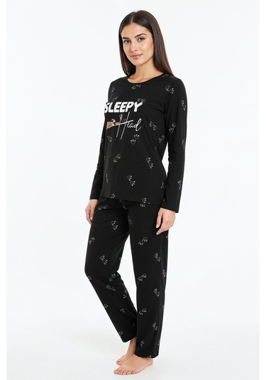 Sleepy Yazılı Elite Viscose Pijama Takımı Uzun Siyah 3552 Siyah