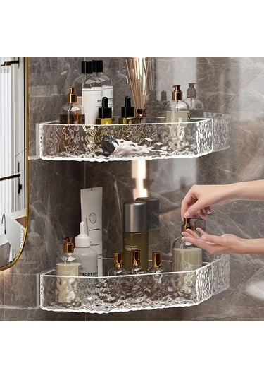 Xuweiwei 1 Adet Plastik Duvara Monte Transparan Banyo Köşe Rafı, Altın Boru Yok Şeffaf