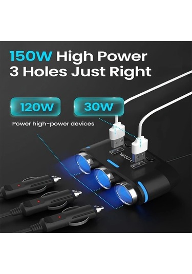 Fochsia Kablolu Siyah Akıllı 3'lü Oto Çakmaklı Usb Şarj Aleti Led Voltaj Göstergeli Araç Şarj Adaptörü