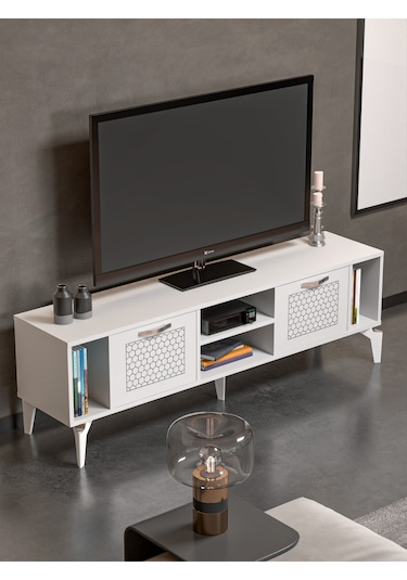 Tv Sehpası 160 Cm Modern Çok Amaçlı Dolaplı Raflı Televizyon Ünitesi Linya Gümüş Beyaz