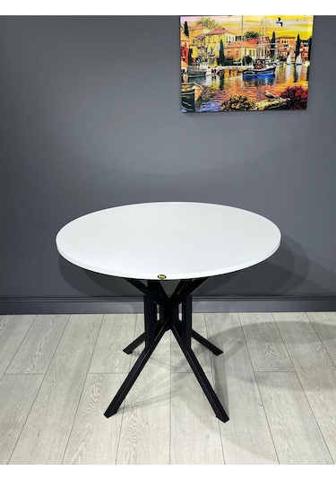Sedef Beyaz Yuvarlak Mutfak Masası Yemek Masası Balkon Masası Metal Siyah Ayak 100 Cm