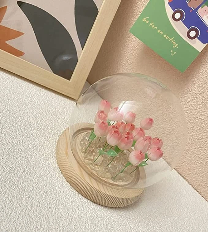 Yunboo 13 Pembe Lale Cam Gece Lambası - Masaüstü Stüdyo Ambiyans Aydınlatması - Tam Diy Malzeme Paketi Aa Pil İle Çalışır Pembe